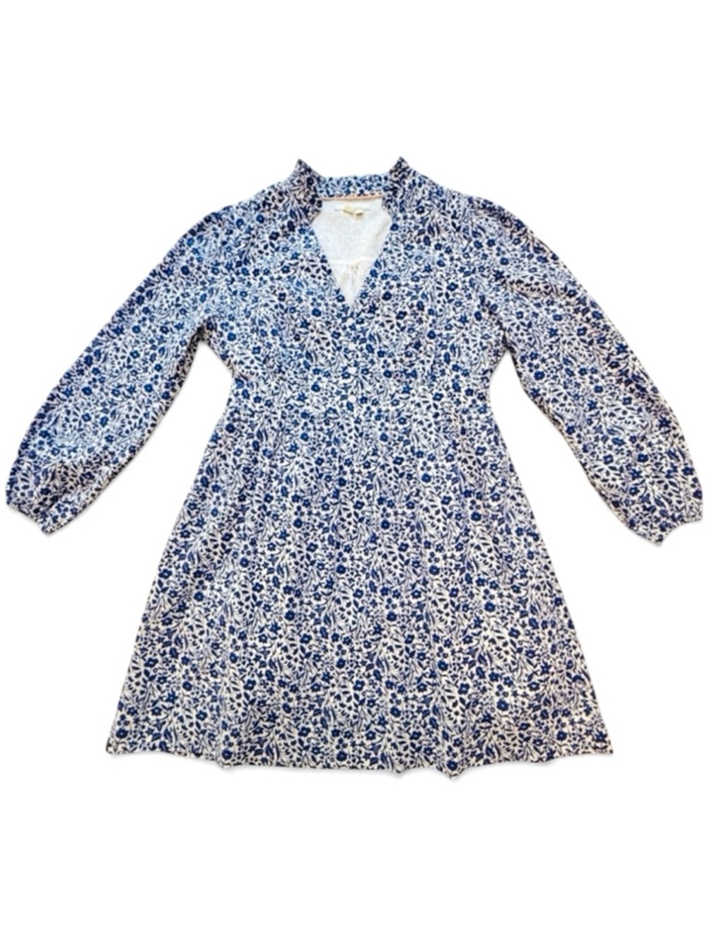 Boden Blue White Floral V-Neck Ruffle Cotton Mini Dress 10P